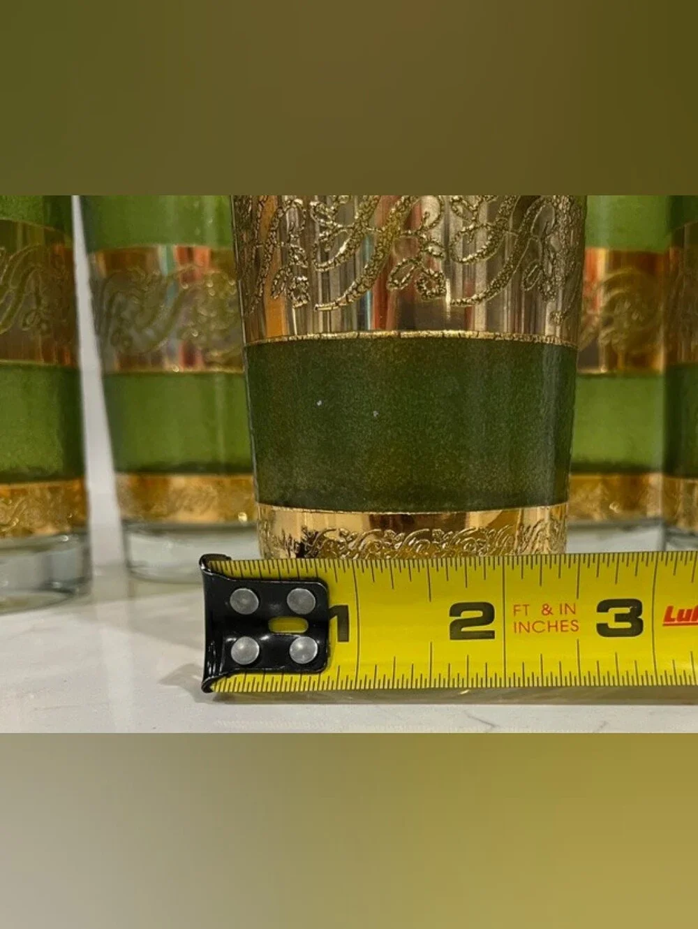 Vintage‎ MCM Starlyte Green & 22k Gold Scroll Highball Glasses - Set of 6 EUC